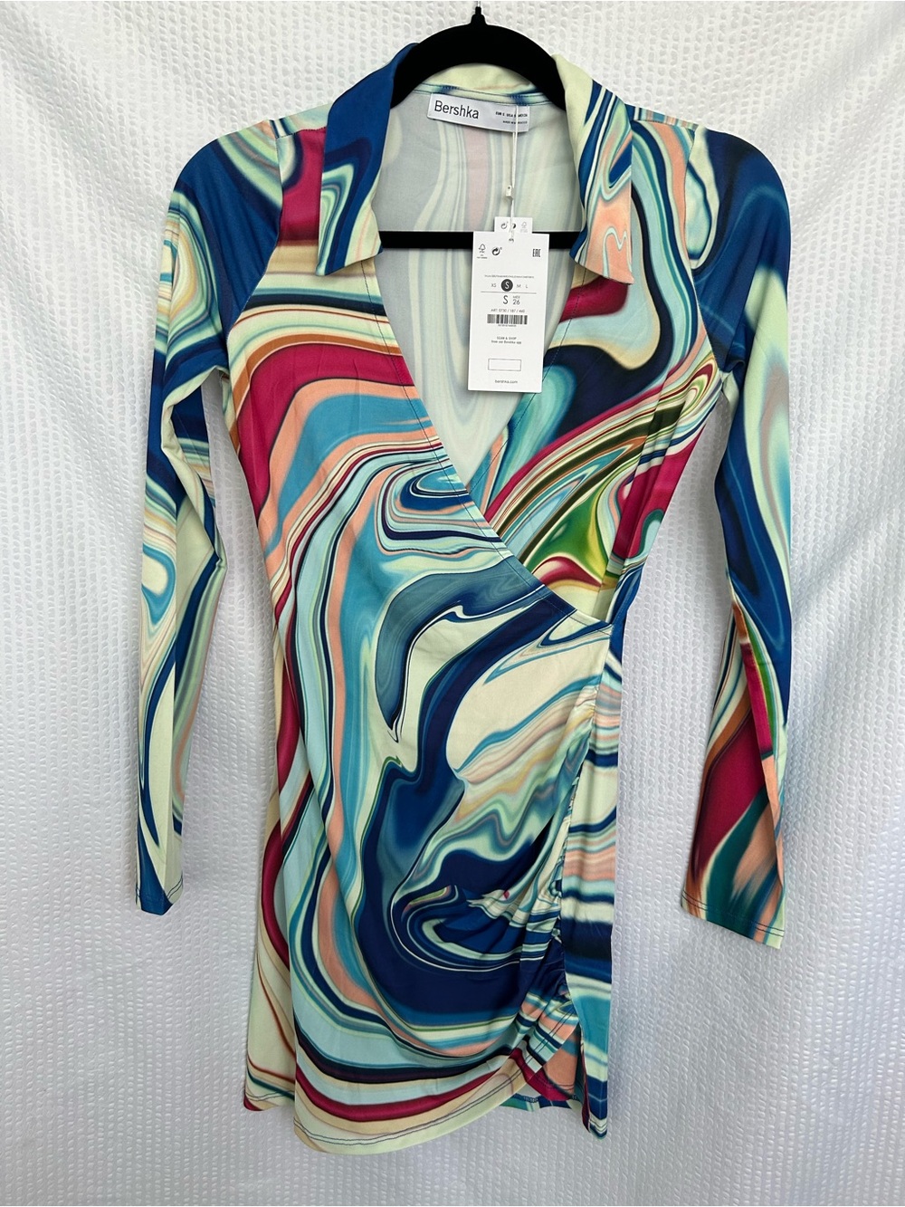 NWT Bershka ASOS Swirl Print Long Sleeve Rushed Mini Dress - Size Small